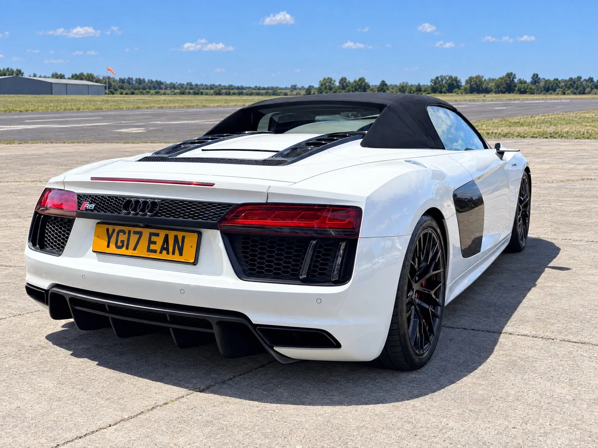 Rear of the white Audi R8 Spyder available to hire in Great Yarmouth, Norfolk