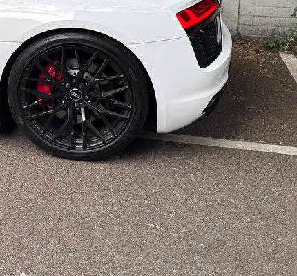 Wheel and red caliper close-up on the R8 available for productions